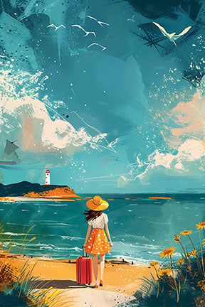 Wadi Home wall art of a woman with a suitcase on a beach, gazing at the ocean with a lighthouse and seagulls.