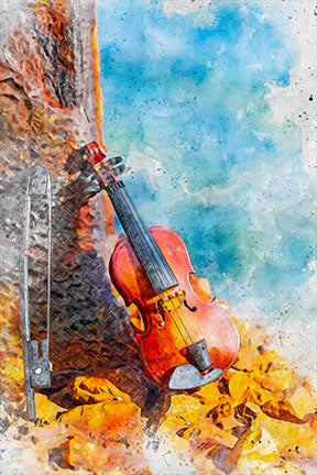 Wadi Home watercolor wall art of a violin with autumn leaves against a blue sky.
