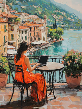 Wadi Home oil painting of woman in orange dress working on laptop by water with European buildings.