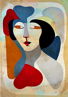 Wadi Home abstract portrait wall art featuring a face with bold red, blue, and black shapes on a textured beige background.