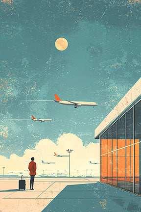 Wadi Home Airport Departure Scene wall art: minimalist illustration of traveler with suitcase, planes taking off, airport terminal, hazy sun. Blues, oranges, sandy tones.