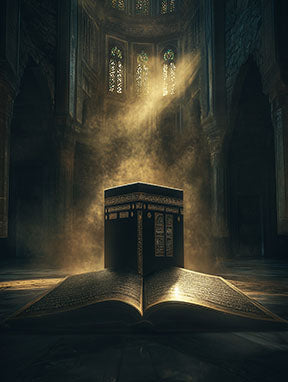 Wadi Home Islamic Kaaba and Quran wall art, a spiritual depiction of the Kaaba atop an open Quran with golden light.