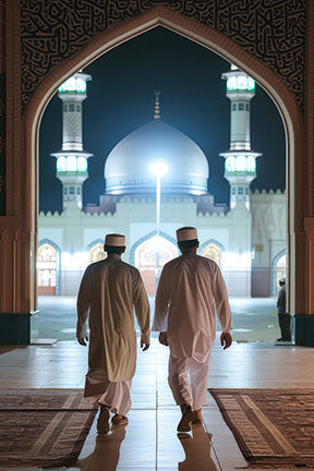 Wadi Home artwork: Two men in traditional attire walk towards a mosque at night through an ornate archway.