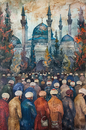 Wadi Home Islamic Mosque Gathering Wall Art, watercolor painting of a mosque with a crowd in traditional attire, warm colors, spiritual decor.
