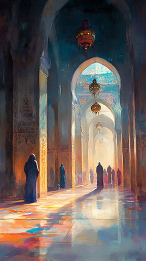 Wadi Home Islamic Mosque Archway Artwork featuring a vibrant depiction of a mosque interior with light streaming through arches in blues, oranges, and yellows.