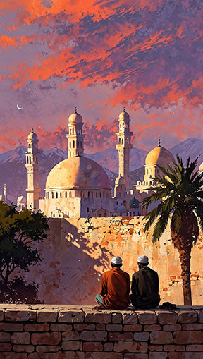 Wadi Home mosque sunset wall art with vibrant orange, purple, and pink sky, featuring Islamic architecture, mountains, and a palm tree.
