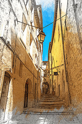 Wadi Home European city street staircase artwork with sketch-like style, featuring yellow buildings and blue sky.
