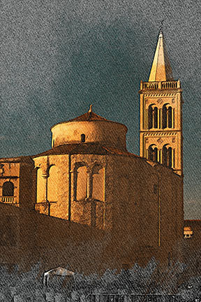 Wadi Home artwork of a European church building with a bell tower, bathed in warm golden light against a deep blue sky.