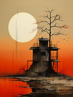 Wadi Home wall art: lone structure on island at sunset over water, minimalist landscape painting.