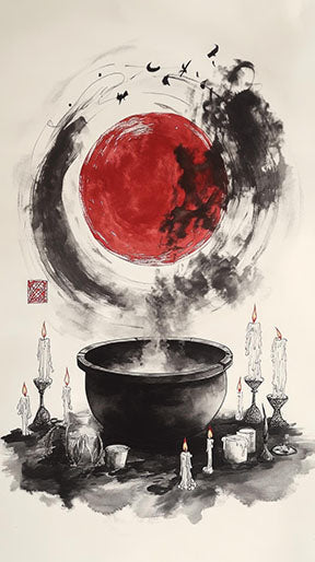 Wadi Home Mystical Moon Cauldron Wall Art with red moon, candles, and mystical symbols on an ink-like background.