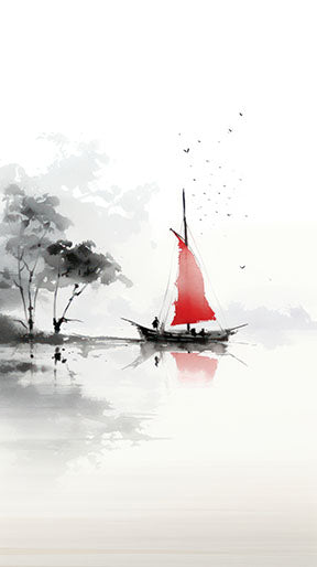 Wadi Home minimalist ink wash art of a sailboat with a red sail on calm water, grayscale tones, serene aesthetic.