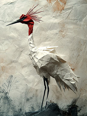 Wadi Home white origami crane wall art with red crest on textured background, Japanese paper art style.