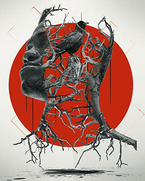 Wadi Home surrealist wall art featuring a tree head with roots against a red circle. Abstract, modern, and thought-provoking.