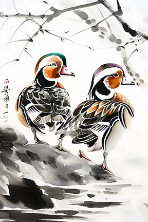 Wadi Home watercolor painting of two mandarin ducks on a rocky shore with subtle ink brushstrokes and blossoming branches.