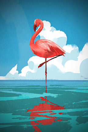 Wadi Home flamingo reflection on water wall art, vibrant pink flamingo standing on one leg in turquoise water under blue sky with clouds.