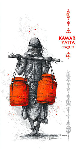 Wadi Home traditional Indian pilgrimage artwork sketch of figure carrying orange pots, black and white with red accent.