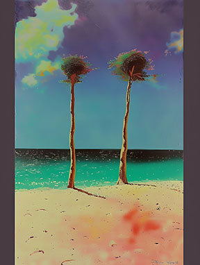 Wadi Home tropical beach landscape art with two palm trees, turquoise ocean, and sandy beach.