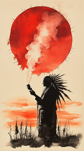 Wadi Home Native American warrior silhouette under a red sun with smoke, watercolor style. Bold black and red hues.