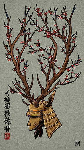 Wadi Home Samurai Deer Wall Art featuring a deer with samurai helmet and cherry blossoms, in muted earthy tones with red accents.