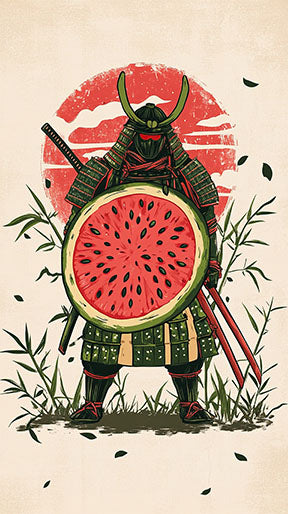 Wadi Home art print of a samurai warrior in green armor holding a watermelon slice shield, with bamboo and a red sun.