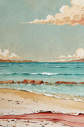 Wadi Home coastal landscape watercolor art depicting a serene beach scene with gentle waves, sandy shores, and soft clouds in a blue sky.