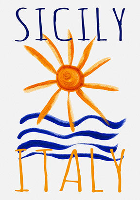 Wadi Home Sicily Italy Sun And Sea Poster with hand-drawn style, orange sun, blue waves, and bold text.