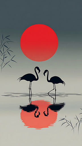 Wadi Home Flamingo Sunset Reflection Wall Art featuring two black flamingos silhouetted against a red sun reflected in water.