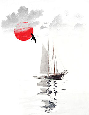 Wadi Home sailboat wall art with red sun and reflection on water. Minimalist canvas print.