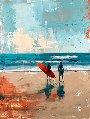 Wadi Home abstract art of two surfers on a beach, one with a red surfboard, in blues, beiges, and orange.