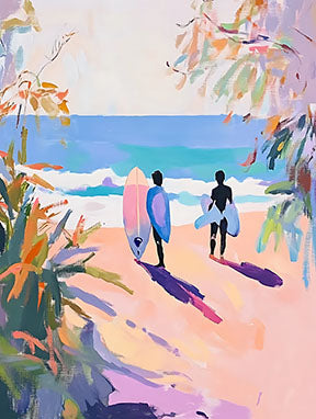Wadi Home artwork: Two surfers with surfboards walk towards the ocean on a pink sandy beach, impressionistic style with pink, yellow, and blue hues.