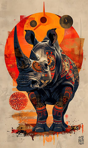 Wadi Home Tribal Rhino Wall Art featuring a stylized rhino with intricate tribal patterns in warm, earthy tones. Bold statement piece.