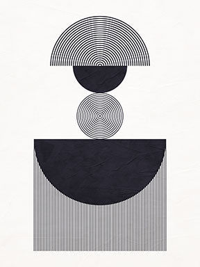 Wadi Home abstract geometric wall art with black and white shapes, circles, and lines. Modern minimalist design.