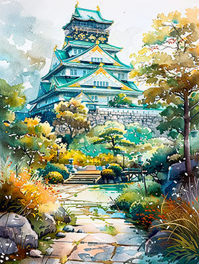 Wadi Home Japanese castle garden watercolor art print with lush greenery and stone path.