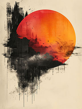 Wadi Home abstract sunburst wall art with fiery orange sun and black abstract background. Modern canvas art.