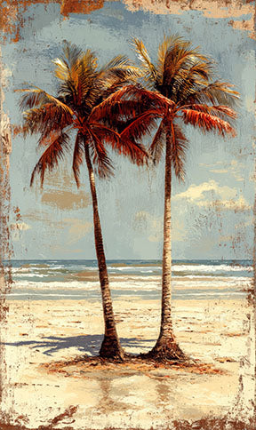 Wadi Home tropical palm trees beach wall art with vintage charm and textured finish.
