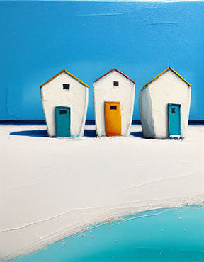 Wadi Home painting of three white beach huts with teal and orange doors on a white sandy beach with turquoise water and blue sky.