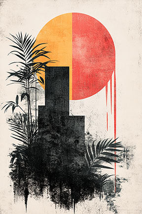 Wadi Home abstract cityscape botanical wall art with black silhouette buildings, palm leaves, and a split orange and red sun.