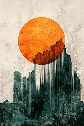 Wadi Home abstract mountain sunburst wall art with orange sun and teal mountain silhouette.