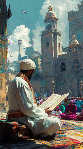 Wadi Home artwork: Man in white attire and turban reads book on patterned rug in bustling city square with mosque.