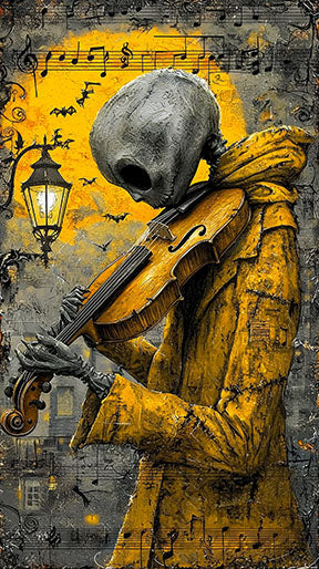 Wadi Home Melancholy Musician wall art: skeletal figure in yellow coat plays violin under streetlamp, musical notes background.