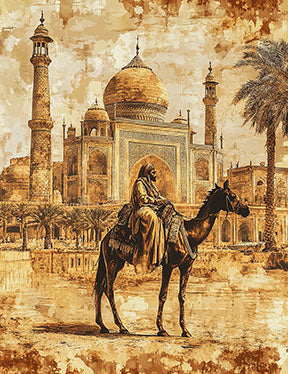 Wadi Home sepia-toned canvas print of a camel rider in front of the Taj Mahal, evoking exotic adventure and timeless elegance.