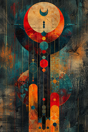 Wadi Home abstract geometric celestial wall art with deep blues, oranges, and reds. Features moon and sun motifs.