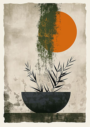 Wadi Home abstract botanical sun wall art with orange sun, green brushstroke, and black plant in a dark bowl.