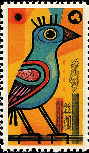Wadi Home abstract blue bird stamp wall art with vibrant orange background and black border.