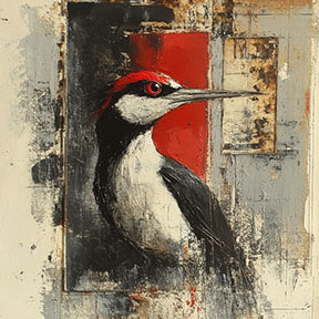 Wadi Home abstract woodpecker wall art with red accents and textured finish.
