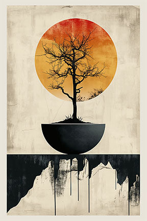 Wadi Home abstract wall art featuring a silhouetted tree in a bowl against a textured orange sun and black abstract base.