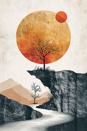 Wadi Home minimalist landscape wall art with a lone tree on a cliff under a large orange sun. Abstract design with warm hues.