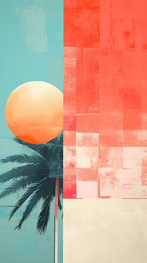 Wadi Home abstract tropical sunset wall art with coral, turquoise, and cream colors, featuring a stylized palm frond and sun.