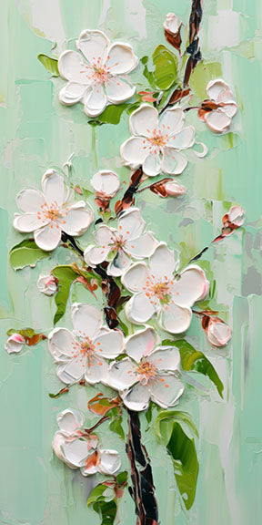 Wadi Home textured cherry blossom branch wall art with impasto white flowers and green leaves on pastel background.
