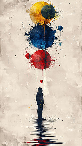 Wadi Home abstract wall art with silhouette figure gazing at red, blue, and yellow watercolor orbs.